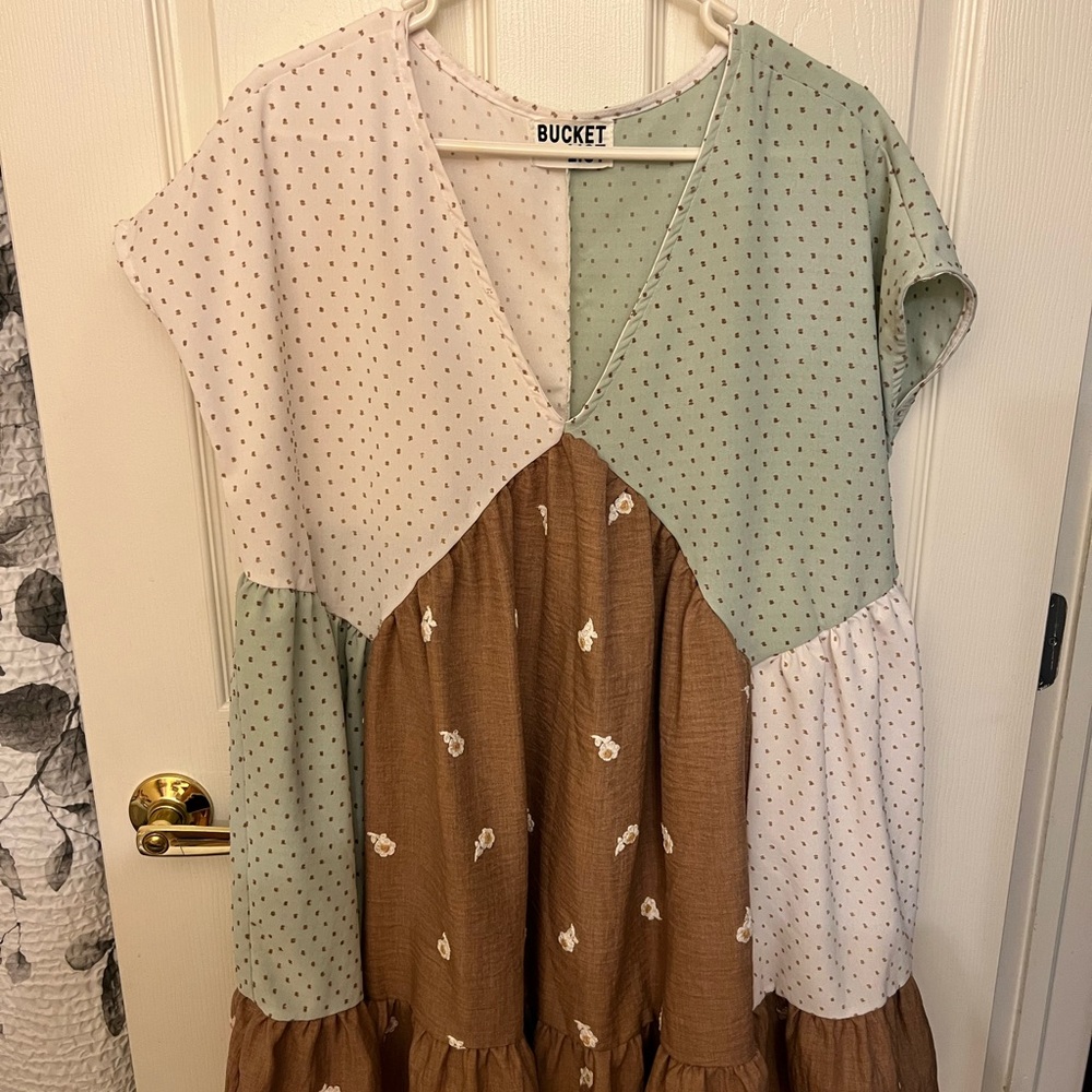 Bucket Patchwork Dress in Green and Brown